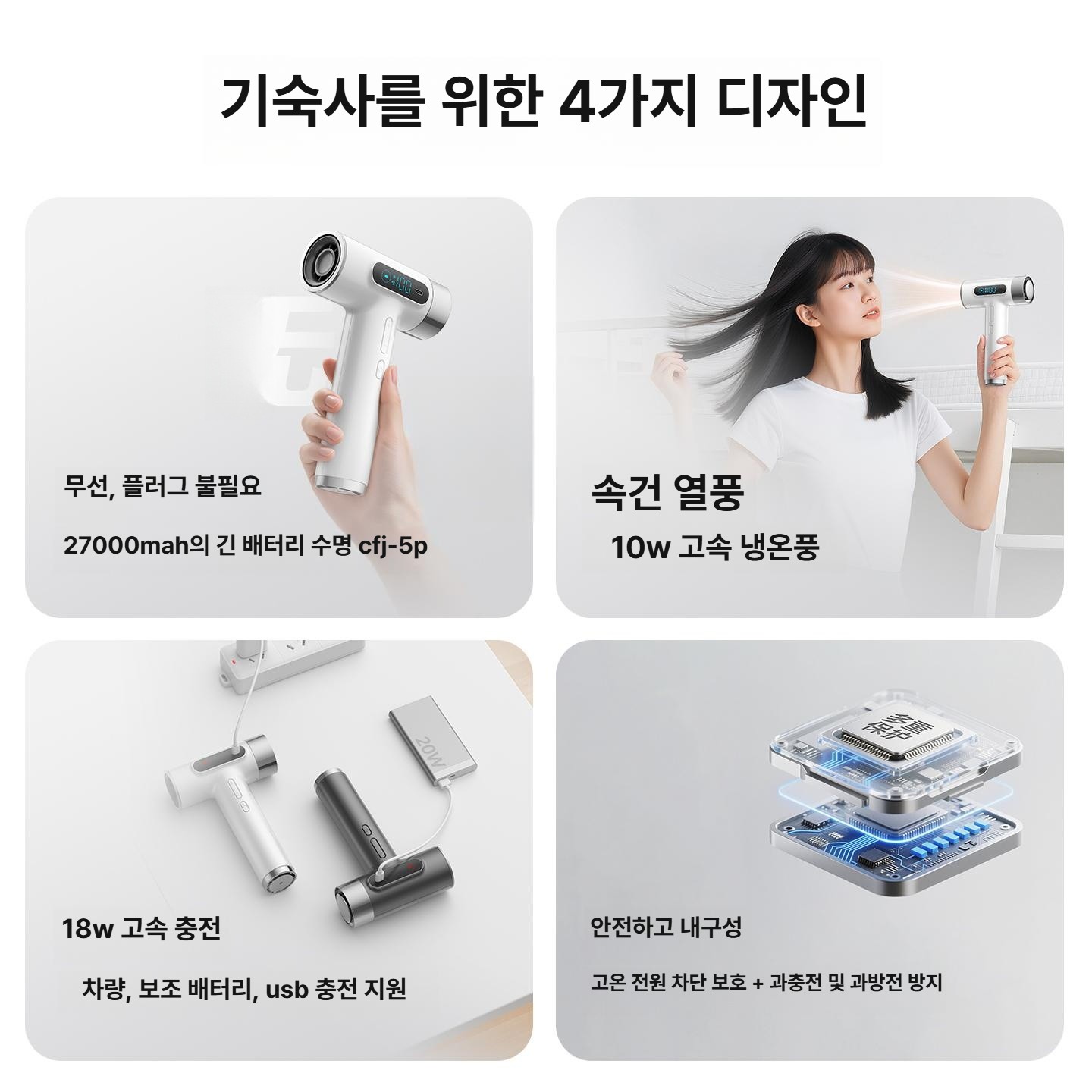 USB 충전식 무선 헤어 드라이기 고속 저소음 학생용 스탠다드 그레이 15600mAh 3W - 상세 이미지 2