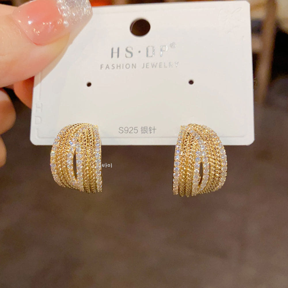 S925 더블 크로스 볼드 링 귀걸이 14K 골드 큐빅 이어링 이미지 7