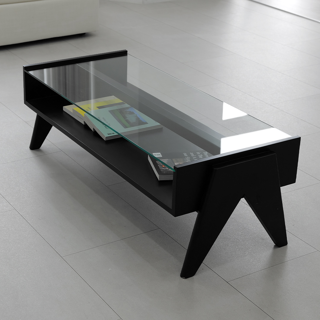 자야캠핑 오울루 2단 원목 좌식 거실 카페 유리 소파 테이블 블랙 1200