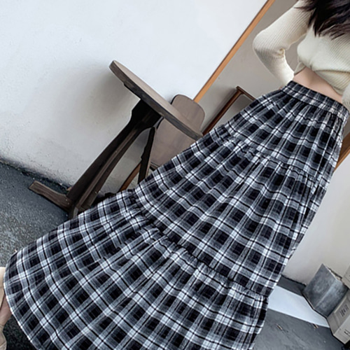 (YY) 러블리 여성 롱 스커트 캉캉 체크 플레어 밴딩 치마 핏이 예쁜 캐주얼 데일리룩 학생 치마 - 상세 이미지 3