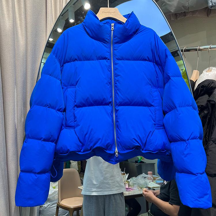 여성 숏 패딩 크롭 블루 점퍼 스탠드넥 누빔  베이지 프리사이즈 45~80kg - 상품 이미지