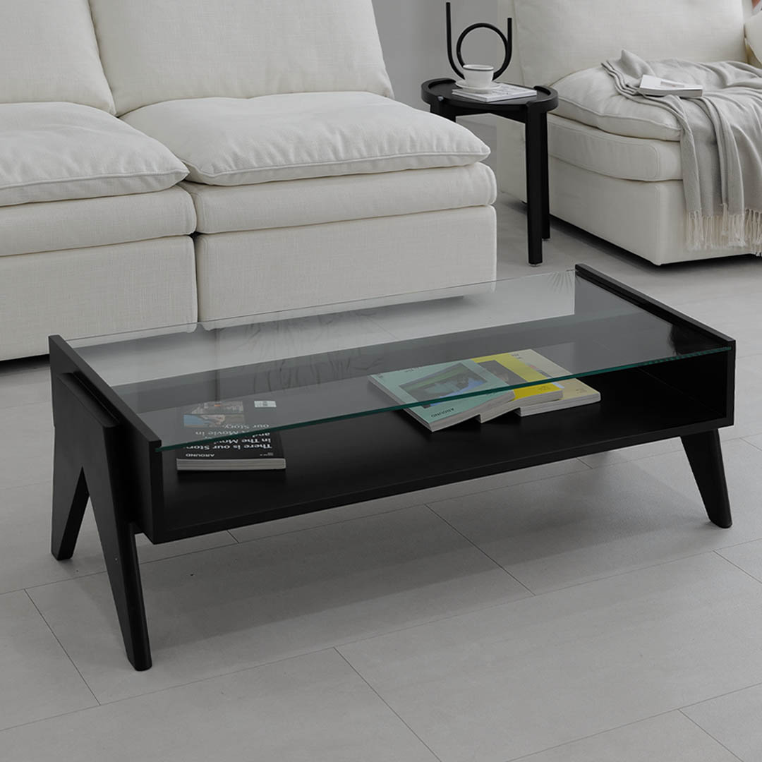 자야캠핑 오울루 2단 원목 좌식 거실 카페 유리 소파 테이블 블랙 1200