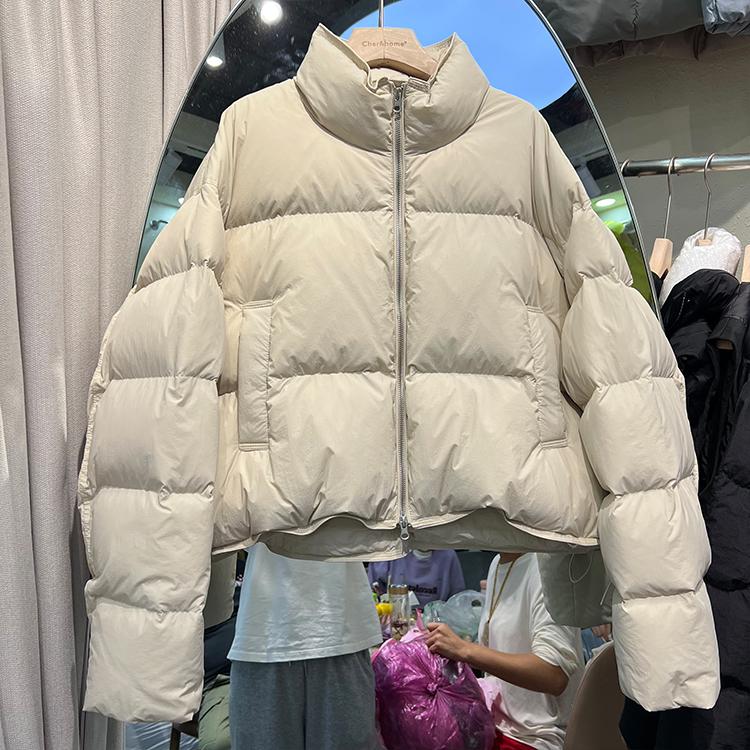 여성 숏 패딩 크롭 블루 점퍼 스탠드넥 누빔  베이지 프리사이즈 45~80kg - 상세 이미지 3