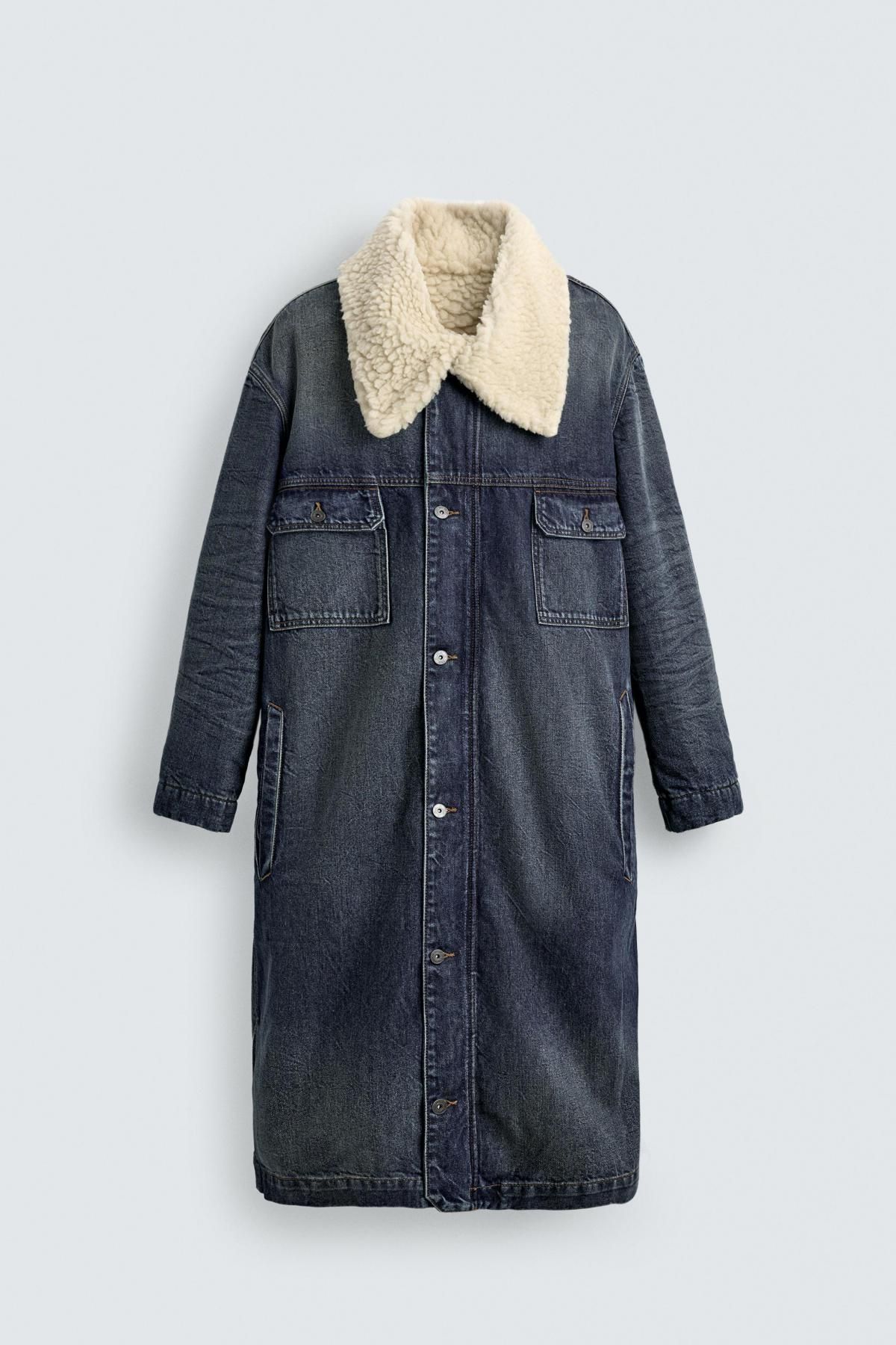 자라 오버핏 퍼 카라 테크니컬 데님 코트 5585/357 MID-BLUE - 메인 이미지
