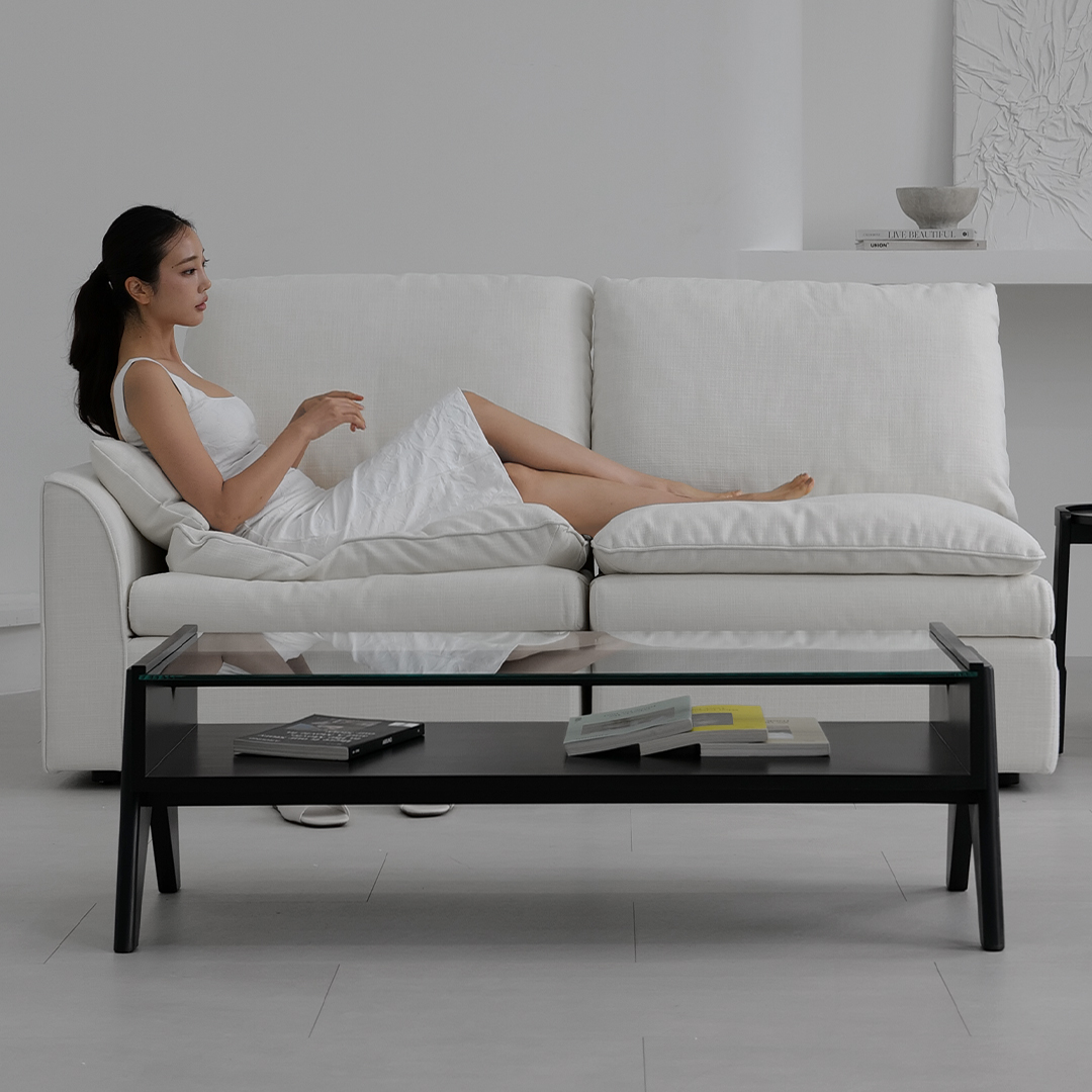 자야캠핑 오울루 2단 원목 좌식 거실 카페 유리 소파 테이블 블랙 1200