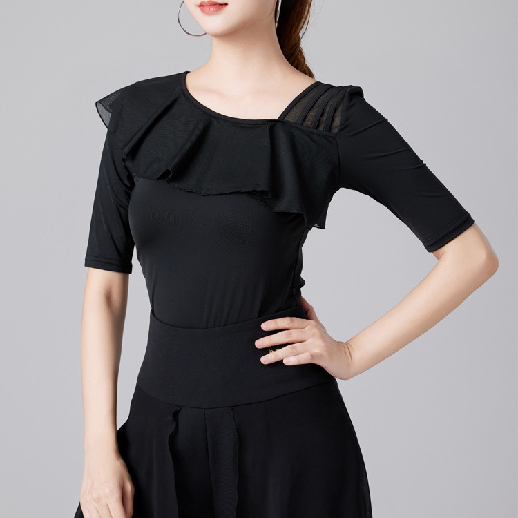 프릴 여성댄스복 라인댄스상의 라틴댄스 줌바 살사 무용 반짝이 무대의상 왈츠 밸리 연습복 - 상품 이미지