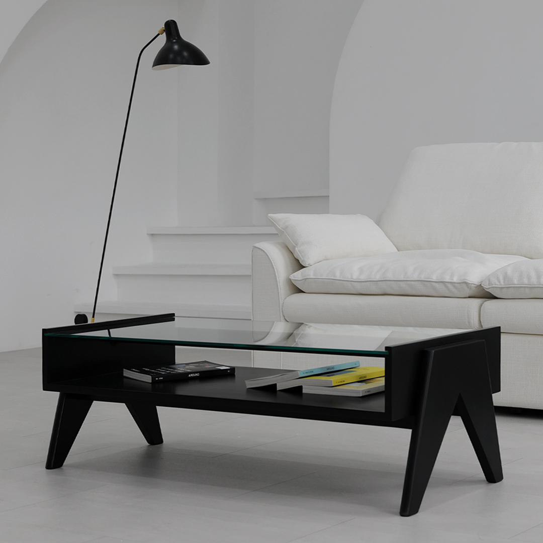 자야캠핑 오울루 2단 원목 좌식 거실 카페 유리 소파 테이블 블랙 1200