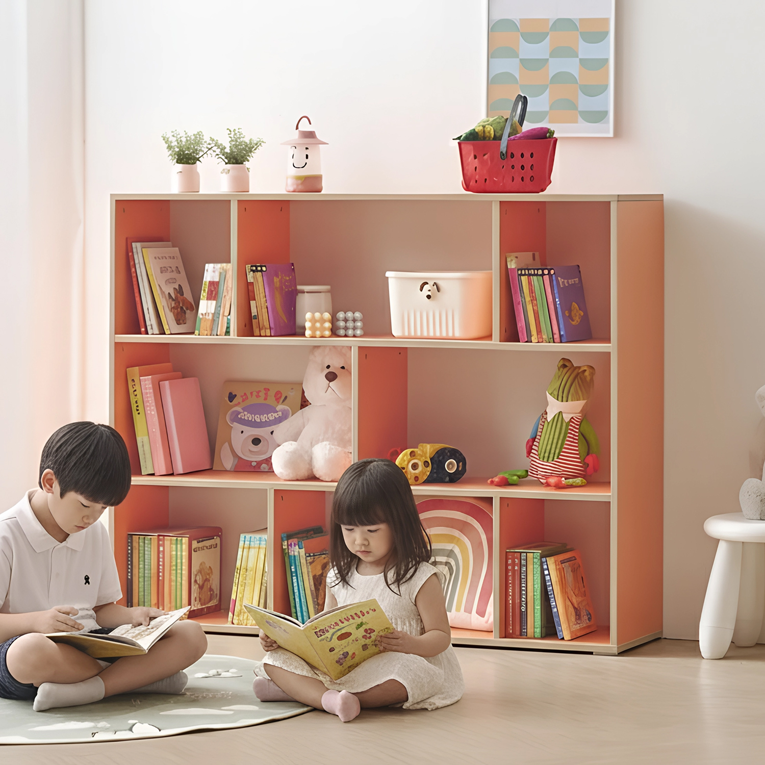 아기 책장 어린이 유아 교구장 아기 전면 책장 거실 1200x300x968, 3단, 캐럿 - 메인 이미지
