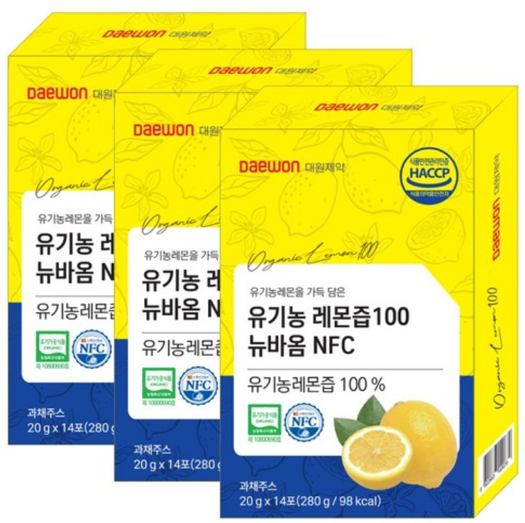 대원제약 유기농 레몬즙 100 뉴바옴 NFC 스페인산 농축 원액 14포, 3개 - 상품 이미지