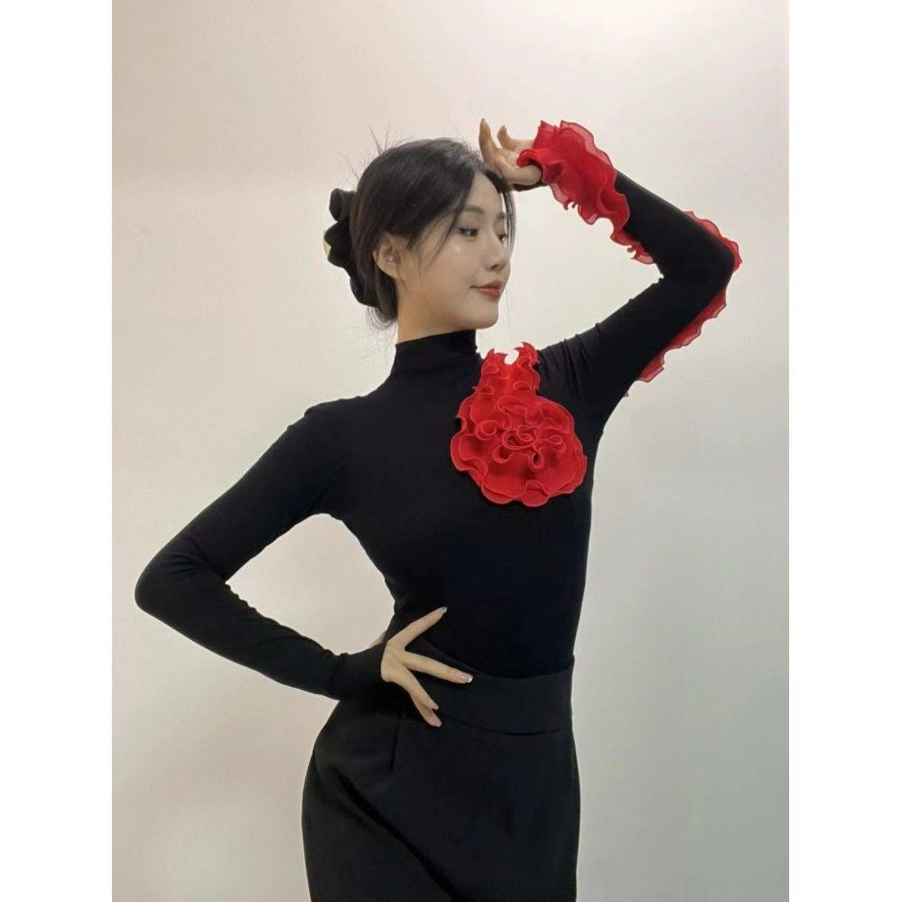 댄스복 살사 무용 탑 공연복 상의 현대 장식 스포츠 연습복 - 상품 이미지
