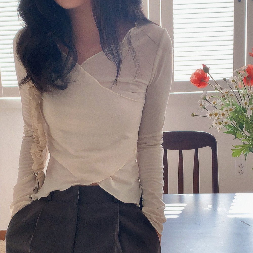 데일리즈 여성 데일리 발레코어룩 속기모브이넥티 스판 언발긴팔티 자체제작 - 상품 이미지