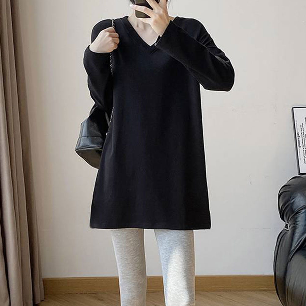 힙덮는 기모 루즈핏 롱 V넥티 브이넥티 긴팔티 롱티셔츠 롱탑 - 상품 이미지