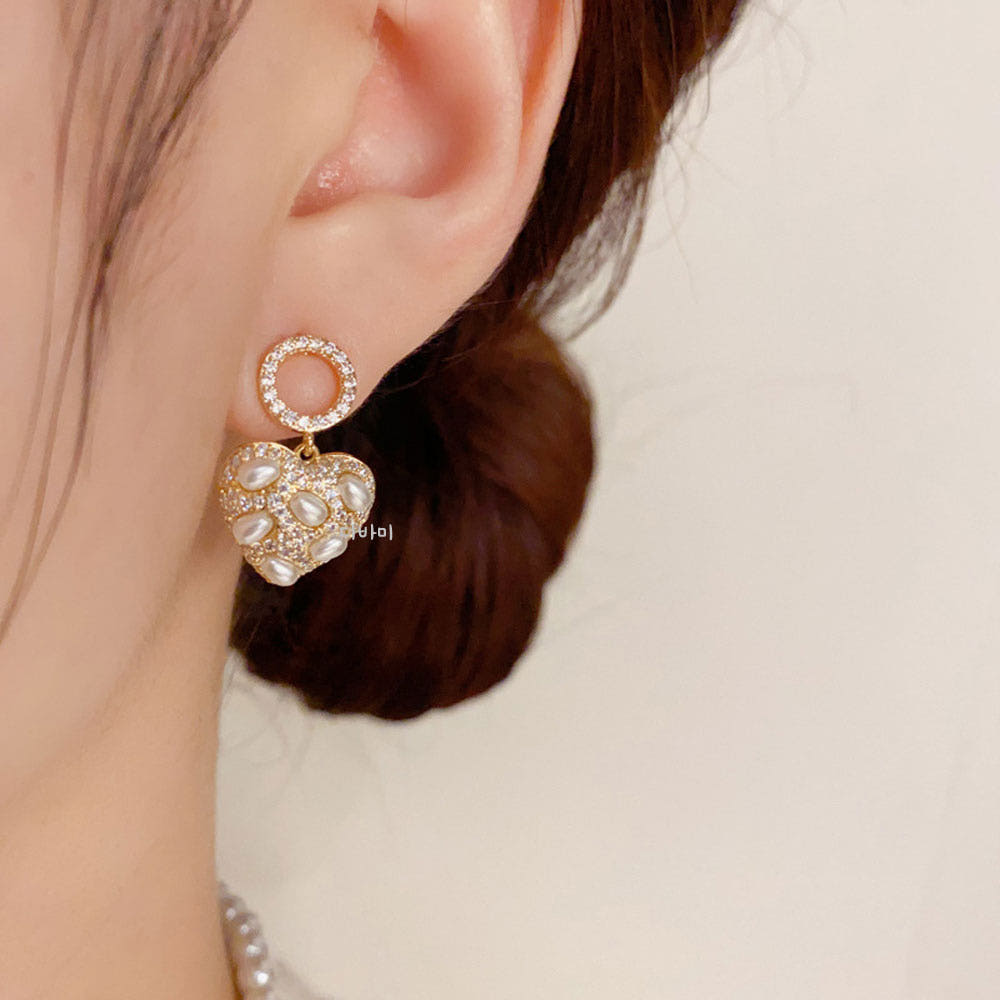S925 큐빅 써클 드롭 하트 진주 명품귀걸이 14K 은침 - 상세 이미지 3