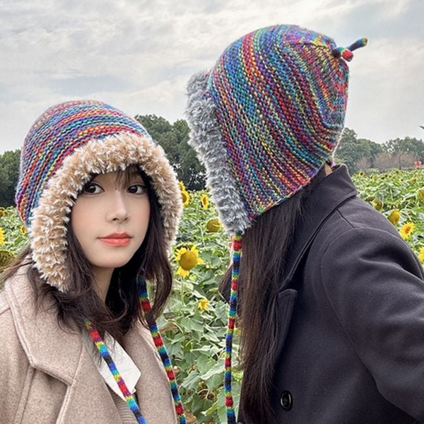 방한 여성 귀달이 모자 겨울 털 귀달이 모자 무지개 - 메인 이미지