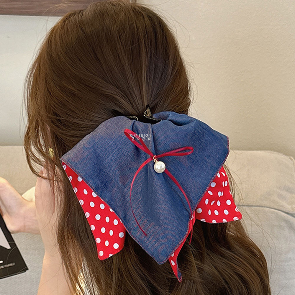 레트로 블루 레드 도트 포니테일집게핀 진주 반묶음머리핀 - 상세 이미지 2