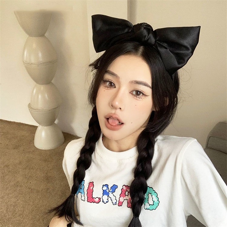 빅 리본 펄 머리띠 무압박 와이드 매듭 면 고급 벨벳 반다나 빗살 꼬임 얇은 헤어밴드 - 상세 이미지 4
