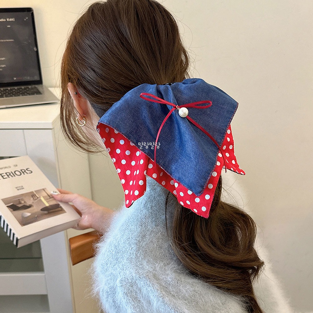 레트로 블루 레드 도트 포니테일집게핀 진주 반묶음머리핀 - 상세 이미지 4