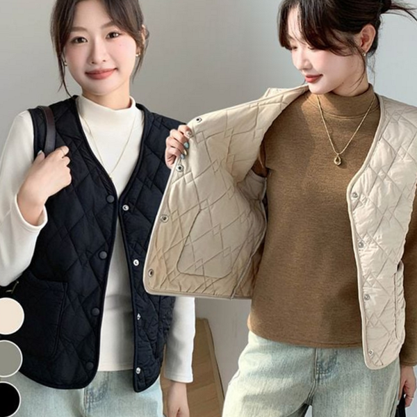 따뜻한 여성 경량 패딩 조끼 브이넥 여성 패딩 베스트 퀼팅 - 메인 이미지