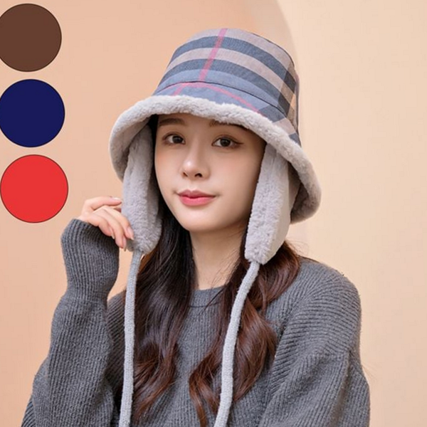 체크 겨울 방한 모자 탈부착 귀달이 벙거지 모자 귀마개 안감 - 메인 이미지