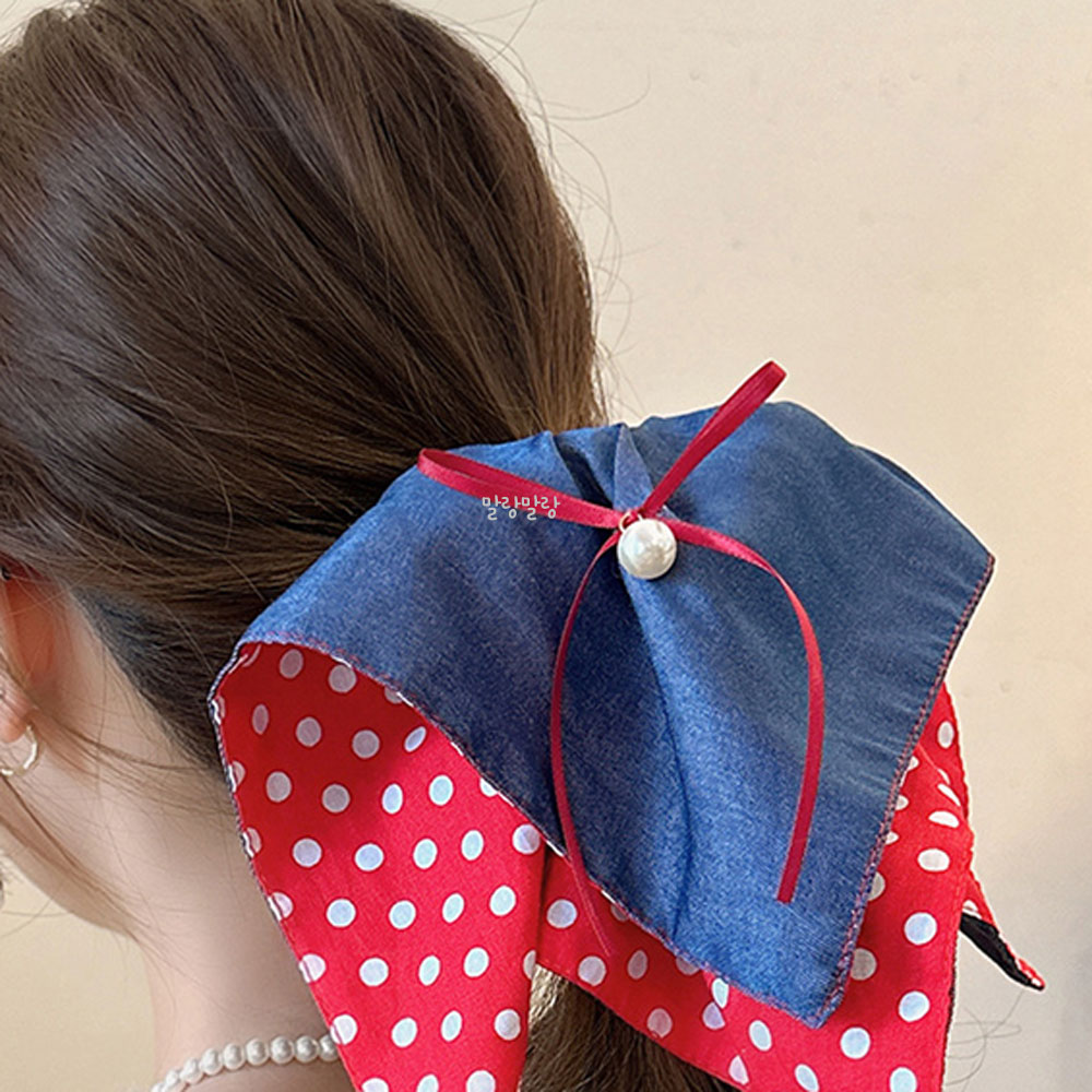 레트로 블루 레드 도트 포니테일집게핀 진주 반묶음머리핀 - 상세 이미지 5