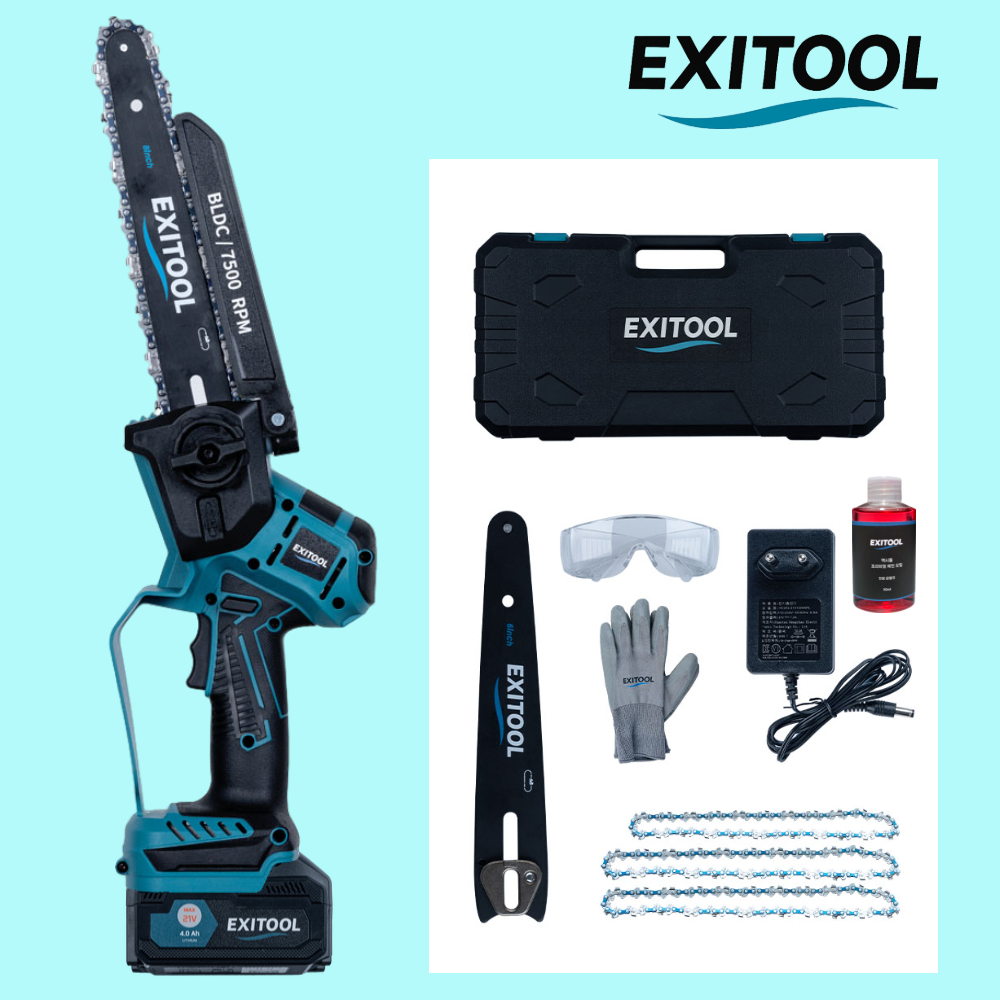 엑시툴 무선 전기톱 충전식 소형 전동 미니 충전 체인톱 20cm 4.0Ah 풀세트