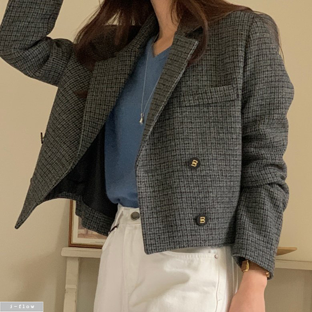 마링 체크 울 크롭 자켓 2col 가을 겨울 하객룩 빈티지 숏 테일러드 제이플로우 - 메인 이미지