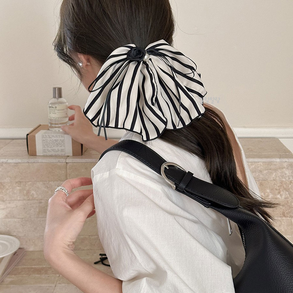 블랙 화이트 스트라이프 스커트 반묶음 머리핀 우아한 포니테일집게핀 - 상세 이미지 2