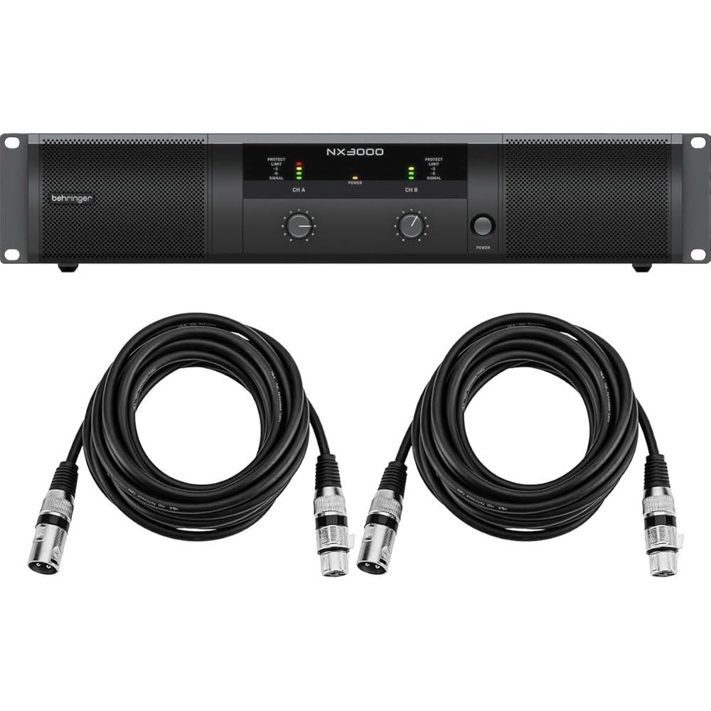 베링거 NX3000 3000W 초경량 클래스-D 파워 앰프, 2x 25 H&A 가치 시리즈 XLR M to F 프로페셔널 마이크 케이블 번들 포함 - 상품 이미지
