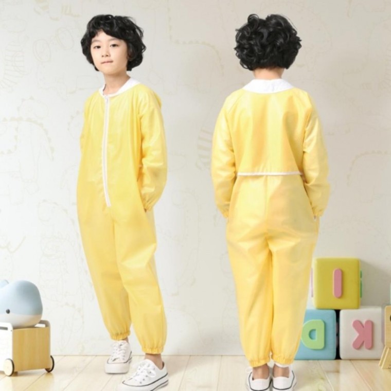 옐로우 일체형 미술가운 플레이가운 키즈가운 방수가운 전신수트 진흙 오감놀이 - 상품 이미지