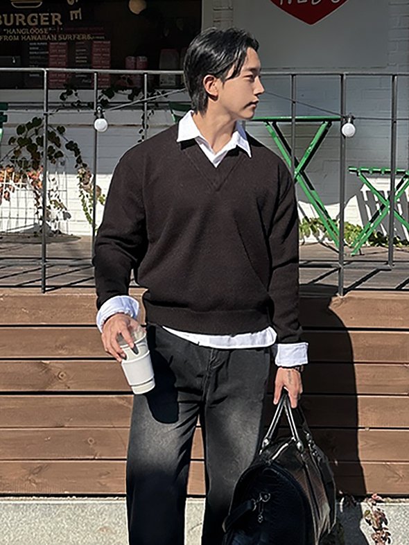 남자브이넥니트 워셔블니트 남자케이블스웨터 셔츠레이어드 - 상세 이미지 3