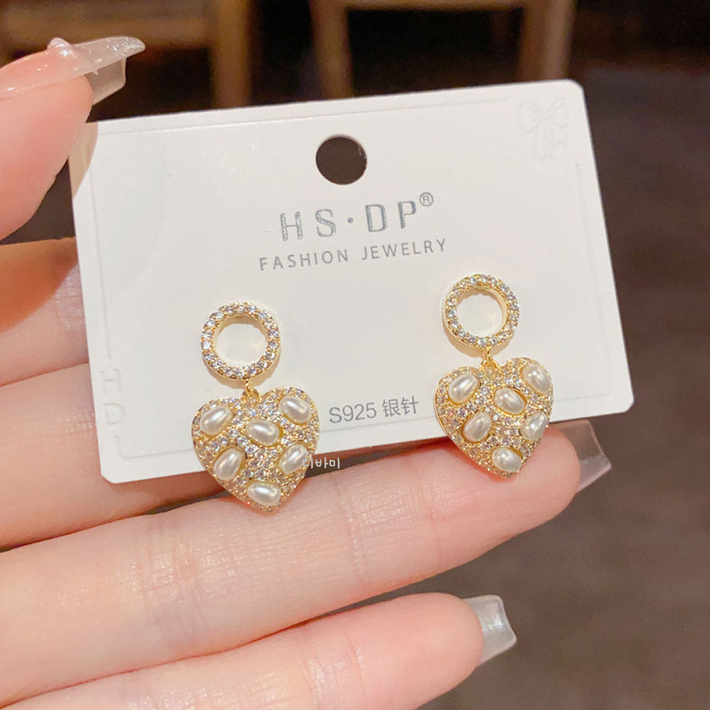 S925 큐빅 써클 드롭 하트 진주 명품귀걸이 14K 은침 - 상세 이미지 5