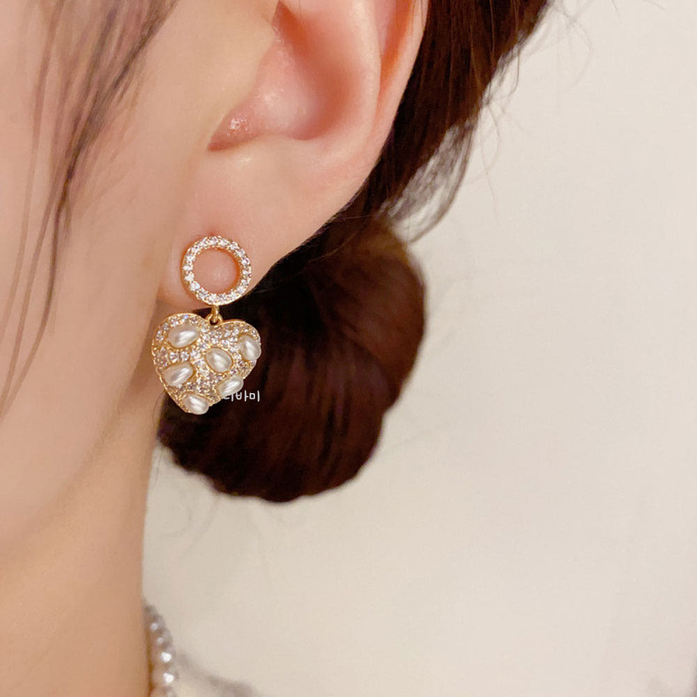 S925 큐빅 써클 드롭 하트 진주 명품귀걸이 14K 은침 이미지 8