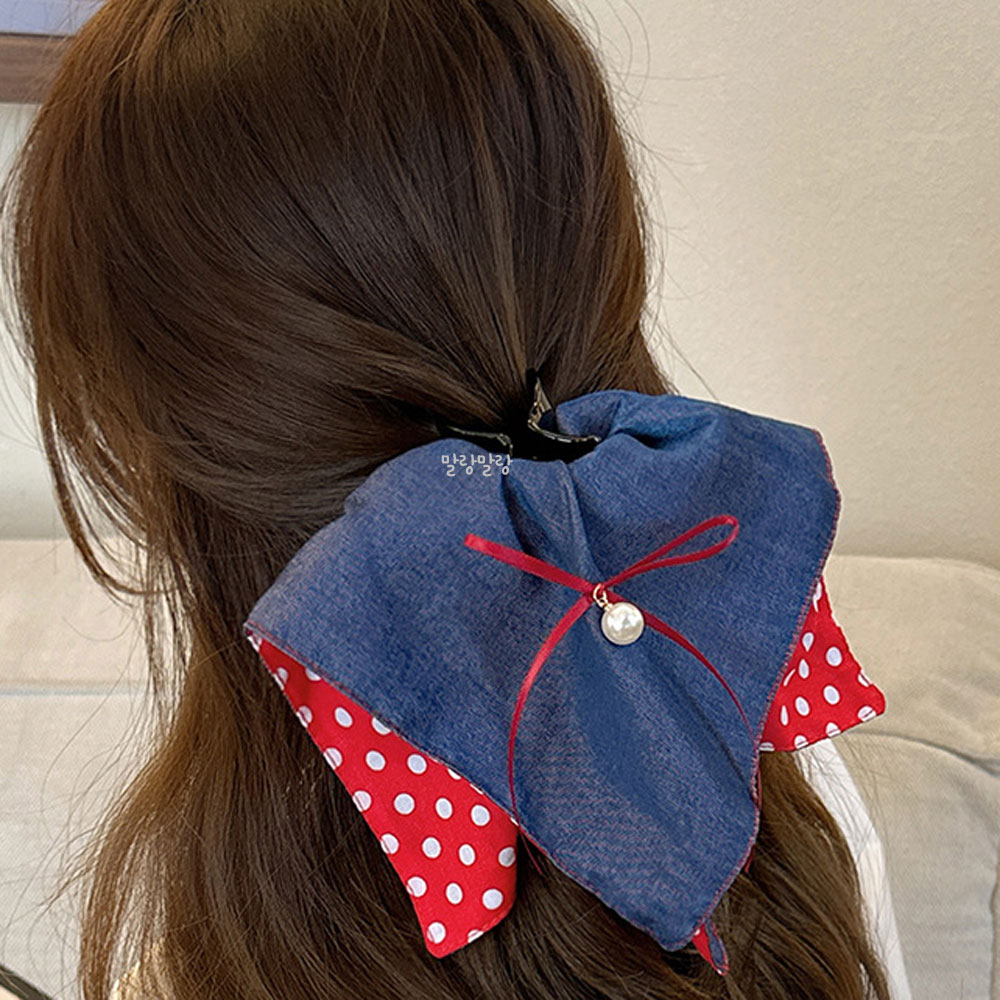 레트로 블루 레드 도트 포니테일집게핀 진주 반묶음머리핀 - 상세 이미지 3