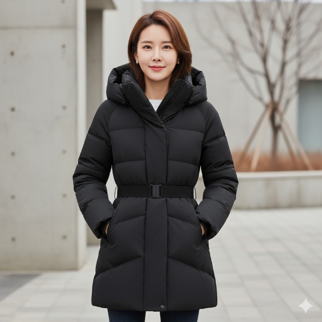 [무료반품] 네파 겨울 여성 허리벨트 발수 구스다운 코트 숄 미드기장 패딩점퍼 블랙, 100 - 상품 이미지