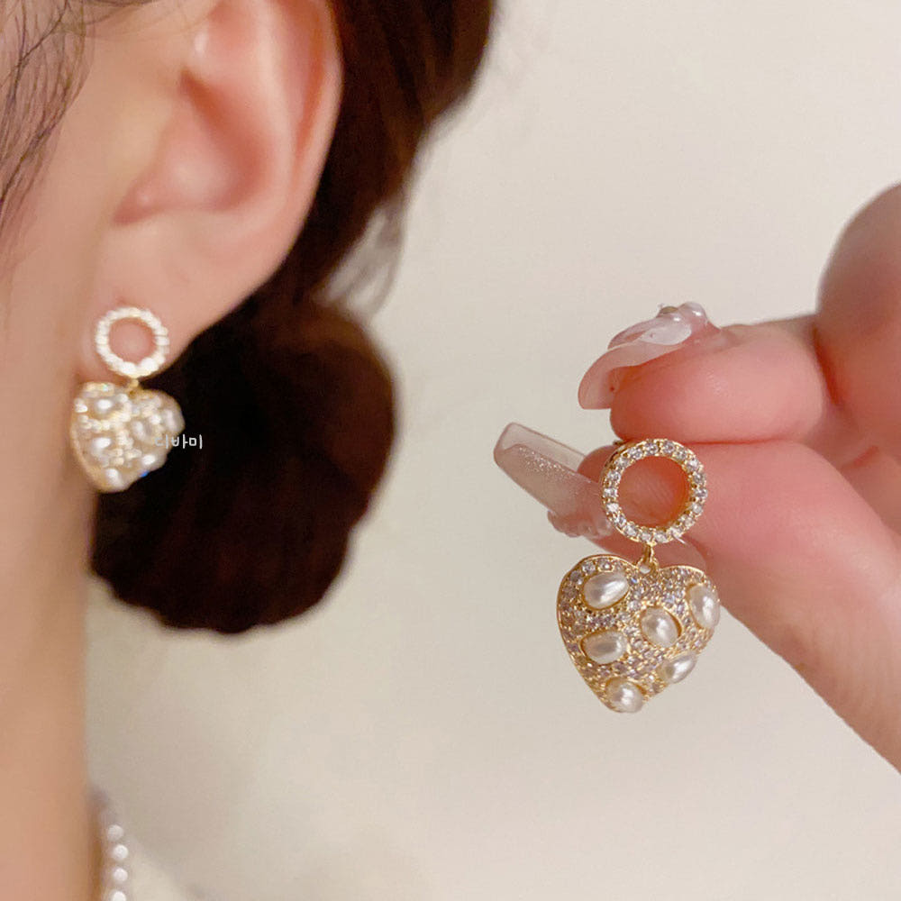S925 큐빅 써클 드롭 하트 진주 명품귀걸이 14K 은침 이미지 6