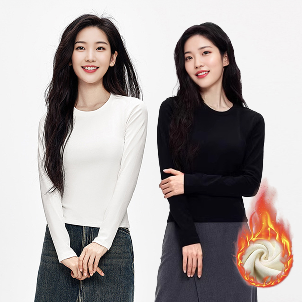 슬림핏 기모 티셔츠 세미 크롭 면티 라운드넥 스판 긴팔 레이어드티 여성 러닝 긴팔티 - 상품 이미지