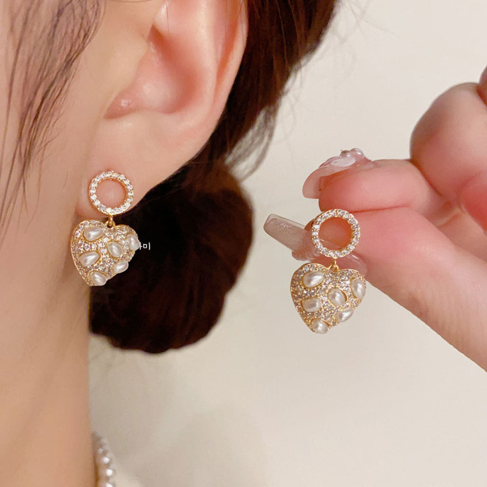 S925 큐빅 써클 드롭 하트 진주 명품귀걸이 14K 은침 - 메인 이미지