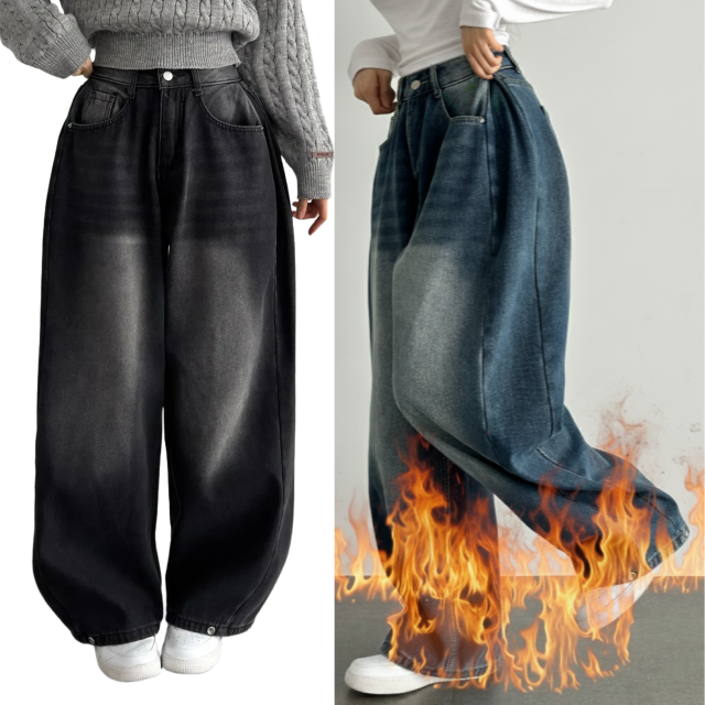 여성 기모 청바지 키작녀 하이웨스트 데님사이드핀턱 와이드핏 세미와이드청바지 진청 키작진 제품 이미지