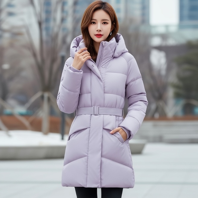 [무료반품] 네파 겨울 여성 허리벨트 발수 구스다운 코트 숄 미드기장 패딩점퍼 라벤더, 95 - 상품 이미지