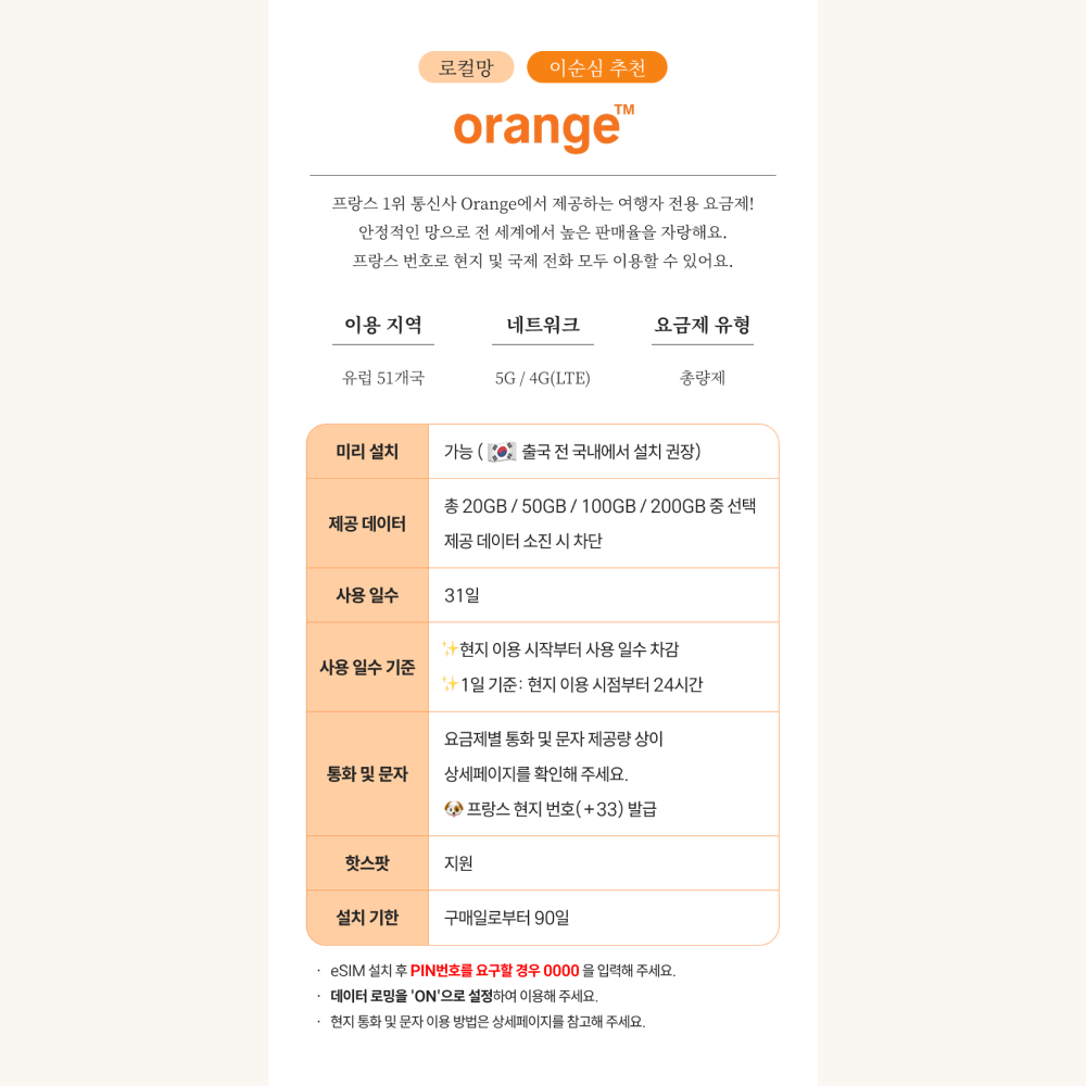 유럽이심 eSIM 51개국 5G 프랑스 영국 보다폰 오렌지 쓰리 1일 500MB 전화 e심