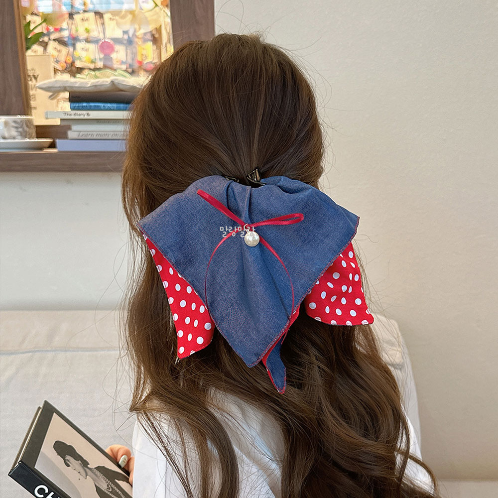 레트로 블루 레드 도트 포니테일집게핀 진주 반묶음머리핀 - 상품 이미지