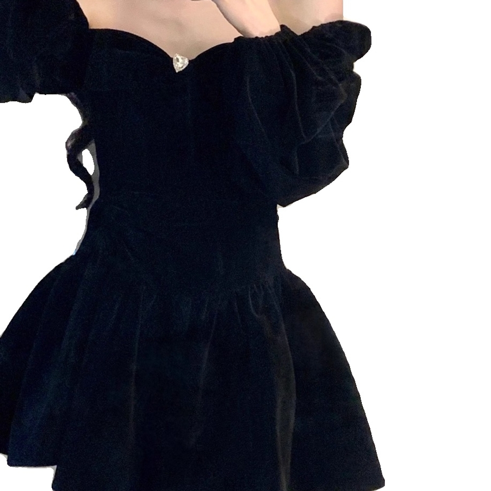 오프숄더 벨벳 미니 드레스 블랙 브라이덜샤워 피로연 파티룩 연주회 연주복 셀프웨딩 유색 - 상세 이미지 5