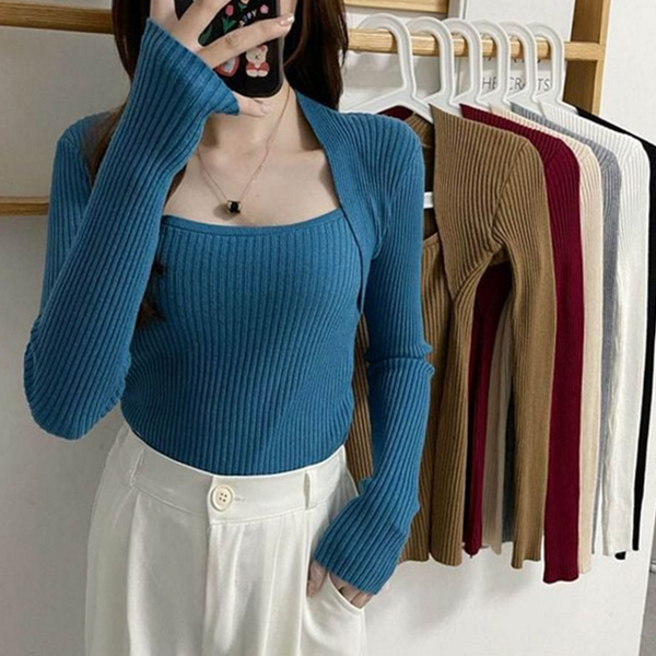 데일리 여성 스퀘어넥 슬림핏 여성 긴 팔 골지 - 메인 이미지