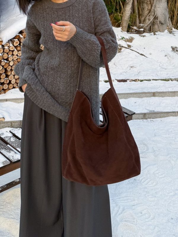 천연 소가죽 숄더백 부드러운 스웨이드 빅백 대학생 전공책 가방 데일리 호보백 - 상세 이미지 4