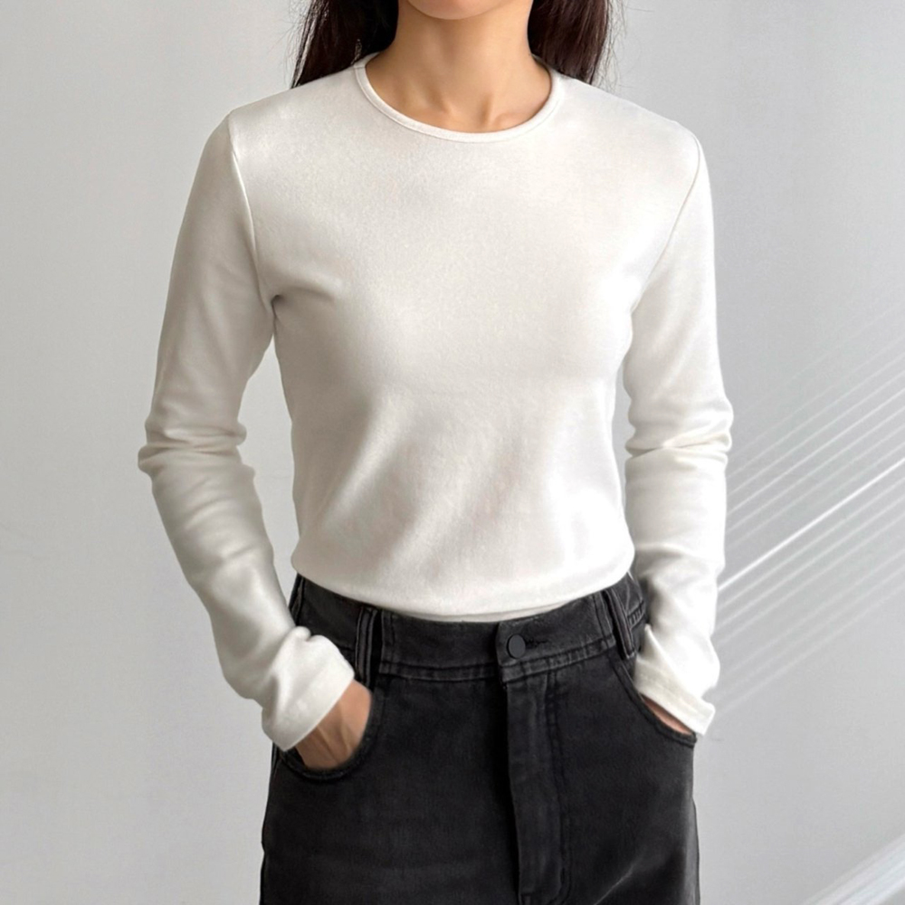 포근한 피치기모 겨울 여성 티셔츠 긴팔티 여자 기모 티셔츠 기본 라운드 이너 레이어드티 - 상세 이미지 3