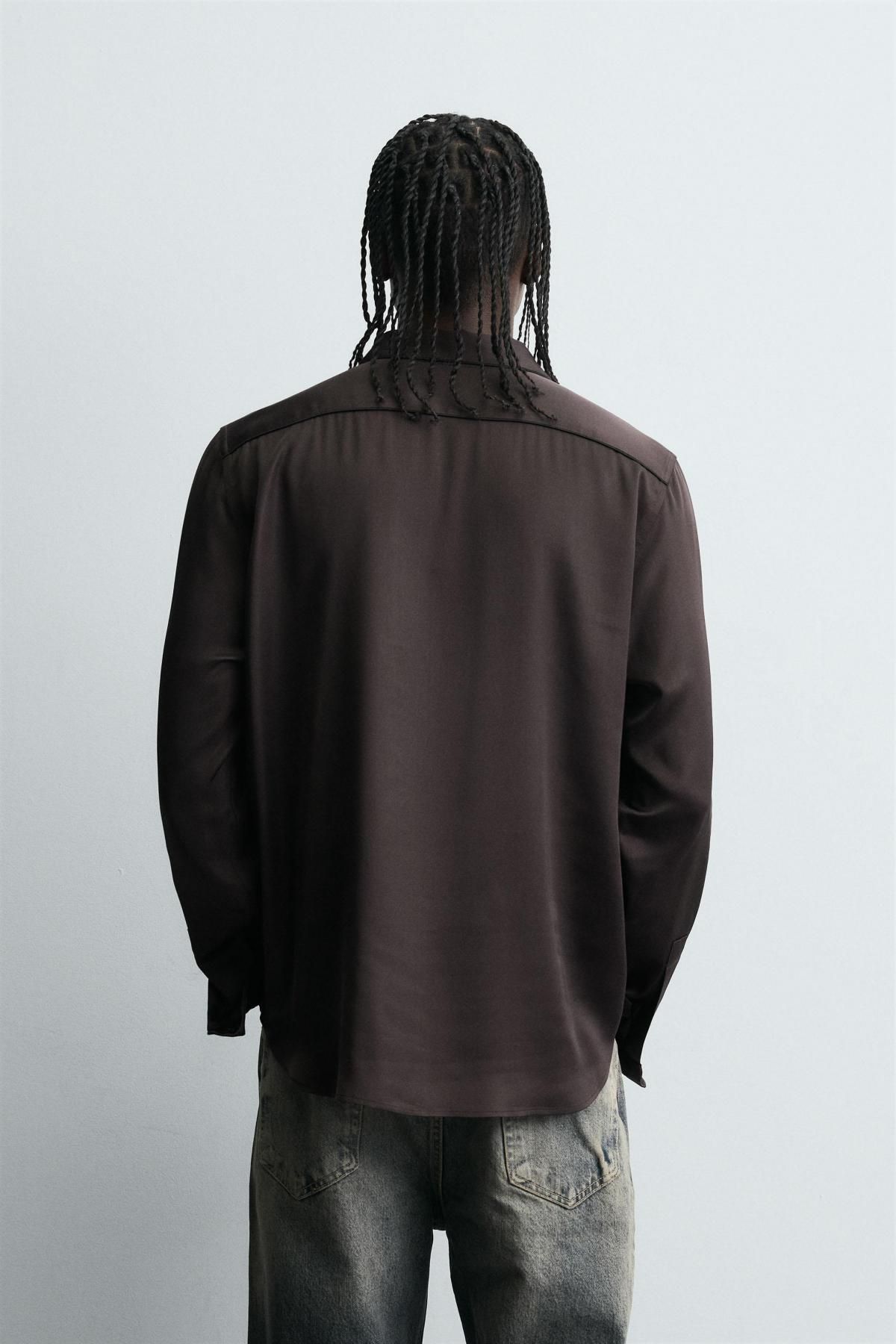 자라 새틴 크롭핏 배색 트림 긴팔 셔츠 6736/961 BURGUNDY - 상세 이미지 4