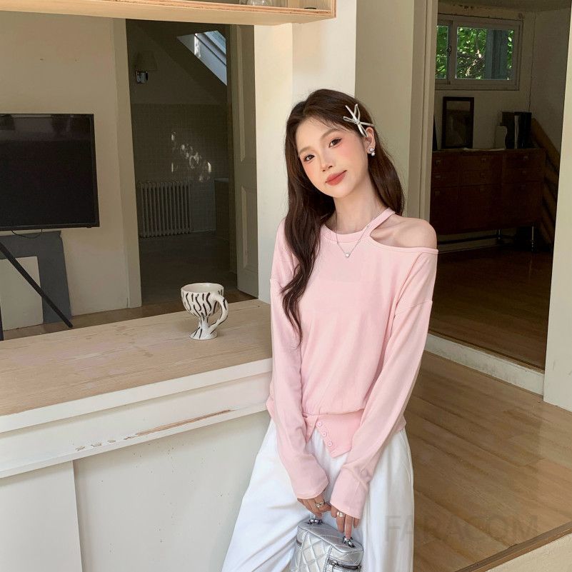 여성 긴팔 오프숄더 원숄더 티셔츠 매혹적인 핑크 레이어드 스타일 착용감 멋진 긴팔티셔츠 시크한 룩 완성 - 상세 이미지 2