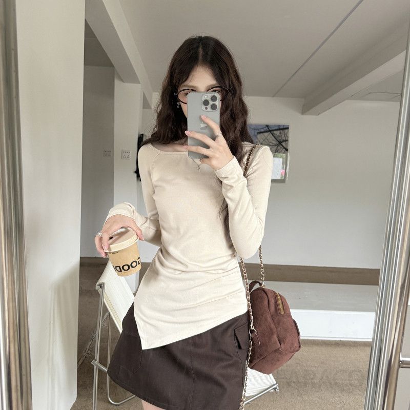 여성용 슬림핏 오프숄더 긴팔티셔츠 가을 스타일 레이어드 가능 고급스러운 착용감 데일리룩 패션 - 상세 이미지 2