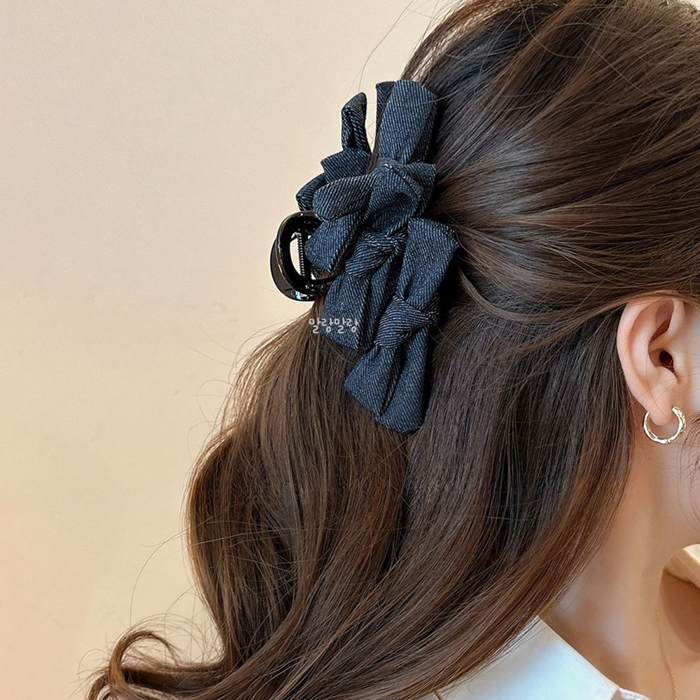 데님 리본삔 올림머리 대형집게핀 고급헤어핀 - 상세 이미지 4