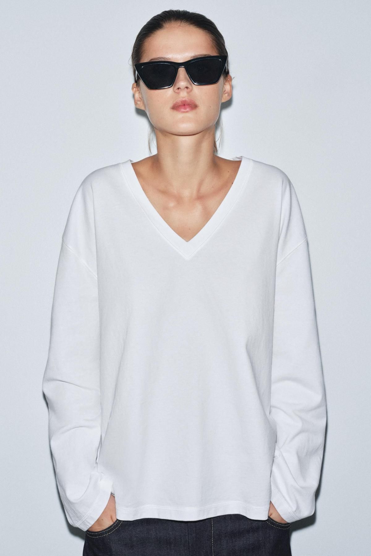 자라 베이직 브이넥 코튼 긴팔 티셔츠 0858/714 WHITE - 상세 이미지 2